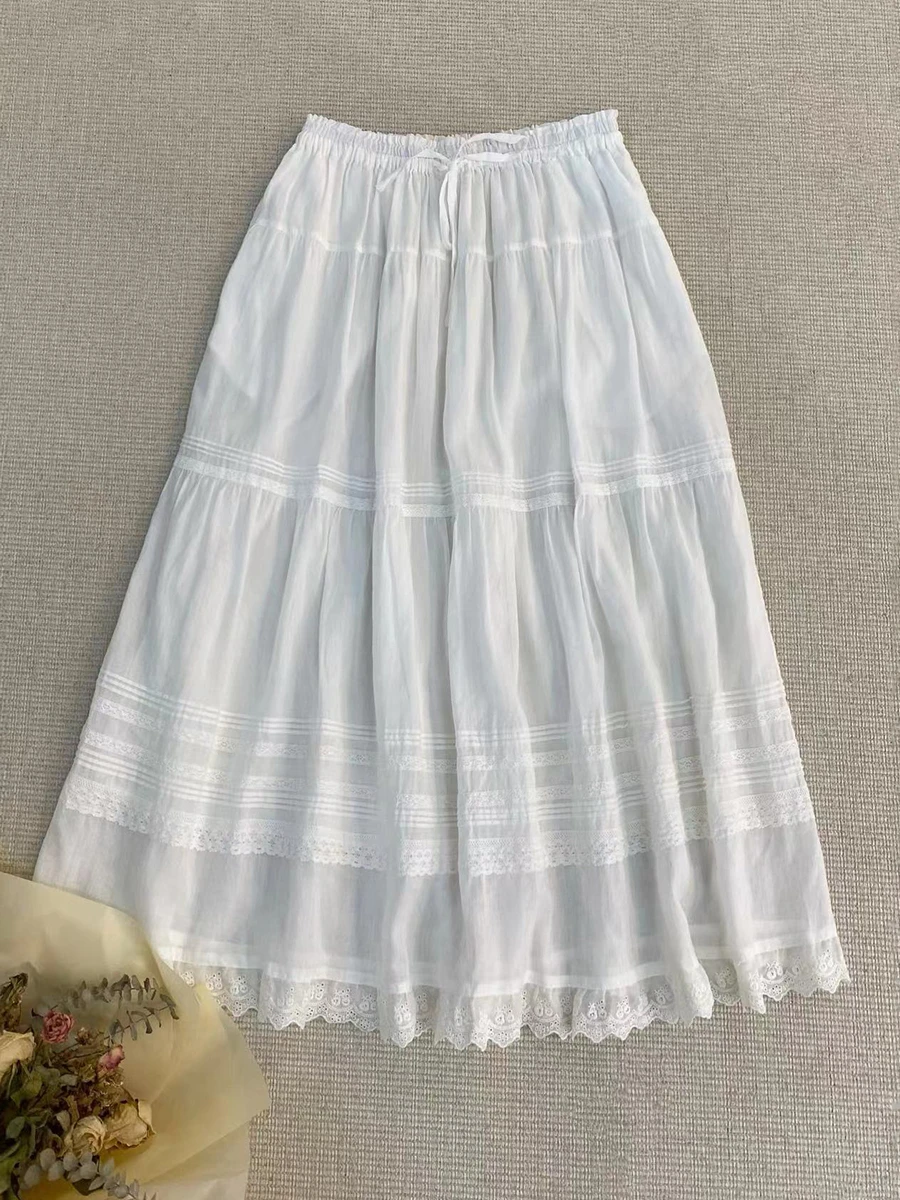 

Sweet Lace Splicing Hollow out A-Line Skirt Loose Linen f Skirt for Women High Waist Breathable Skin-Friendly Tourist Suit...