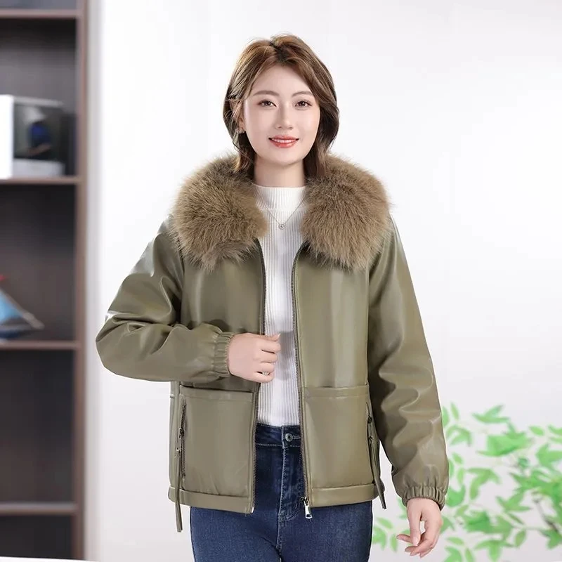 Damenjacken Herbst/Winter Lässige Mode Joker Gerade Mit Pelzkragen Reißverschluss Plus Samt Lederjacke Leder Damenmantel