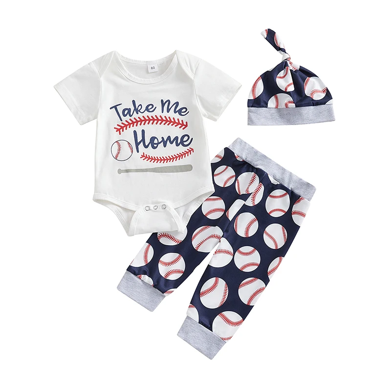 

Baby 3Pcs Summer Outfits Short Sleeve Baseball Letter Print Romper Pants Knot Hat Set