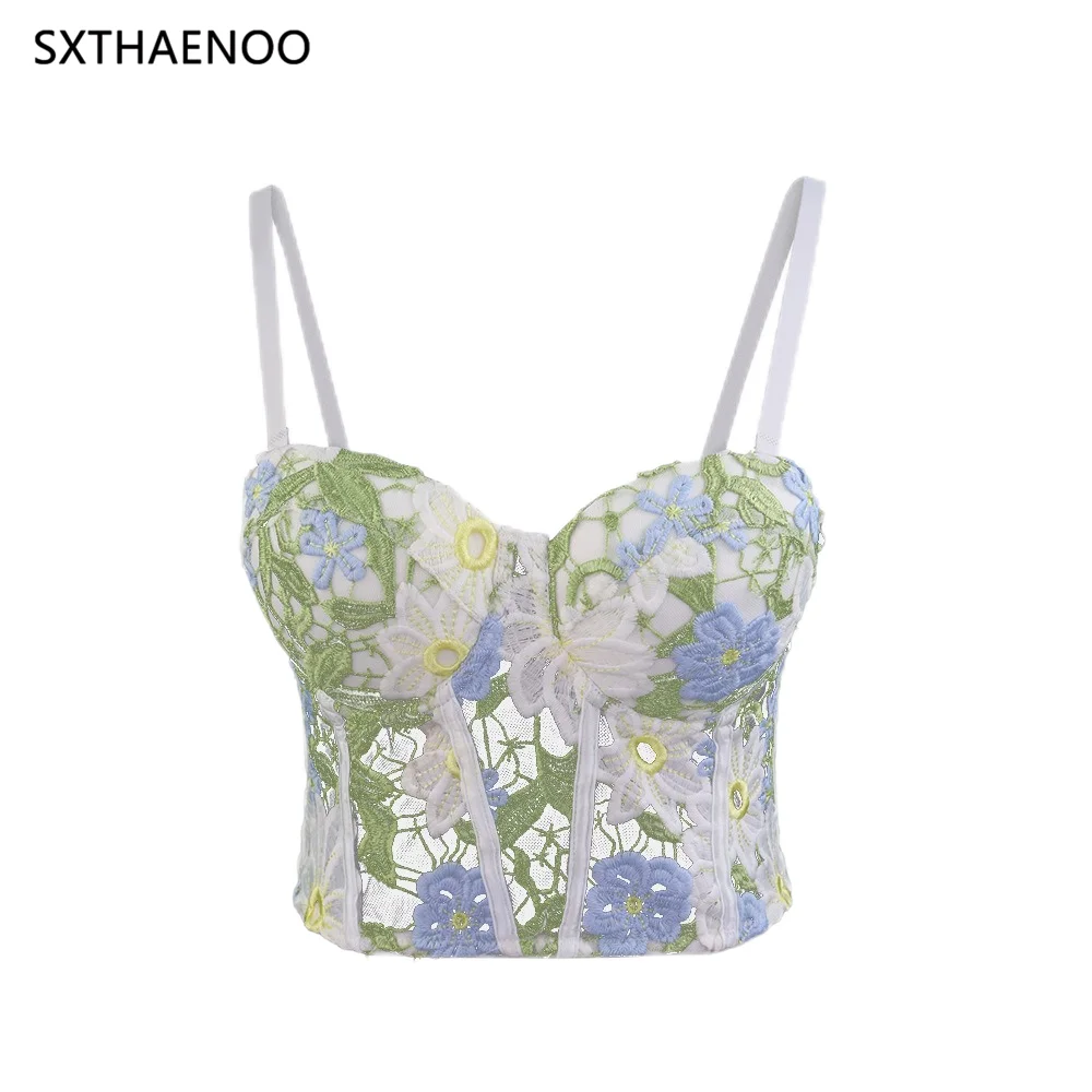 SXTHAENOO 2024 Women Fashion Clothes Sexy Sleeveless Embroidery Flower Bustier Push Up Bralette Bra Cropped Top Vest Corset