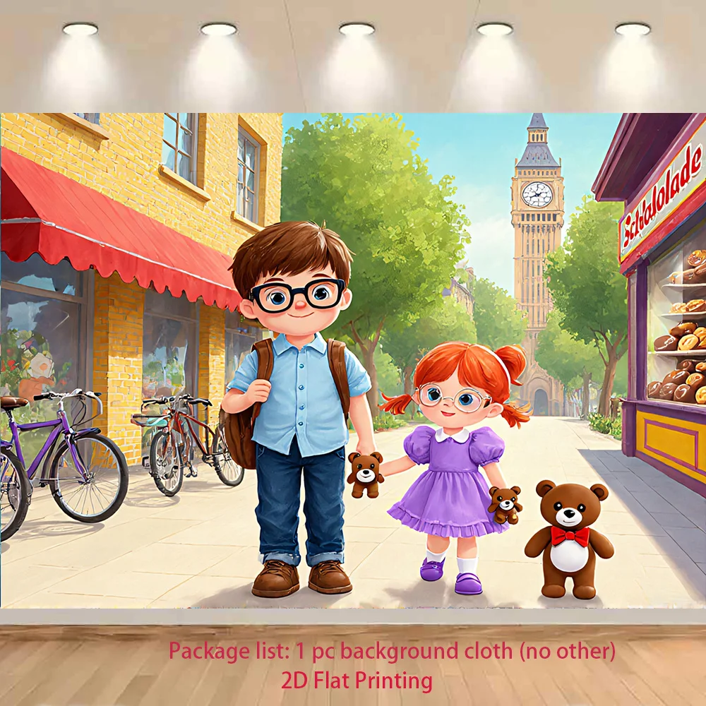Cute Kids London Street Tapestry, Cartoon Boy Girl with Bear Wall Hanging for Nursery Bedroom Decor, Kawaii Art Gift