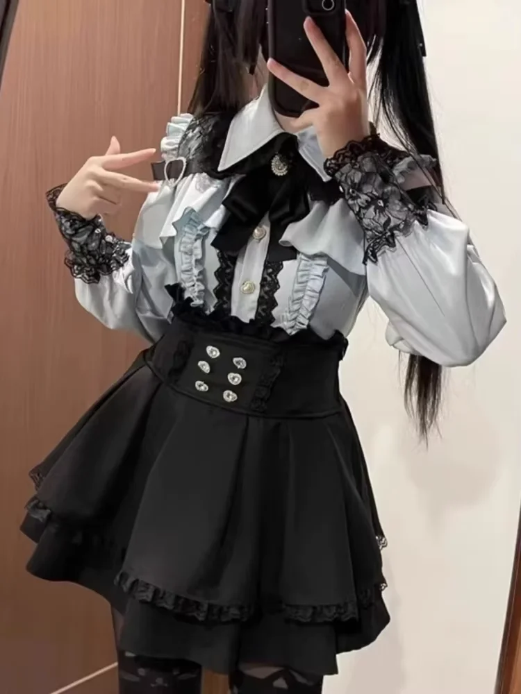 Japanese Y2 Aesthetics Vintage Bow Dress Shorts Set Women Gothic Lolita Style Long Sleeve Shirt Dress Elegant Party Dress Suits