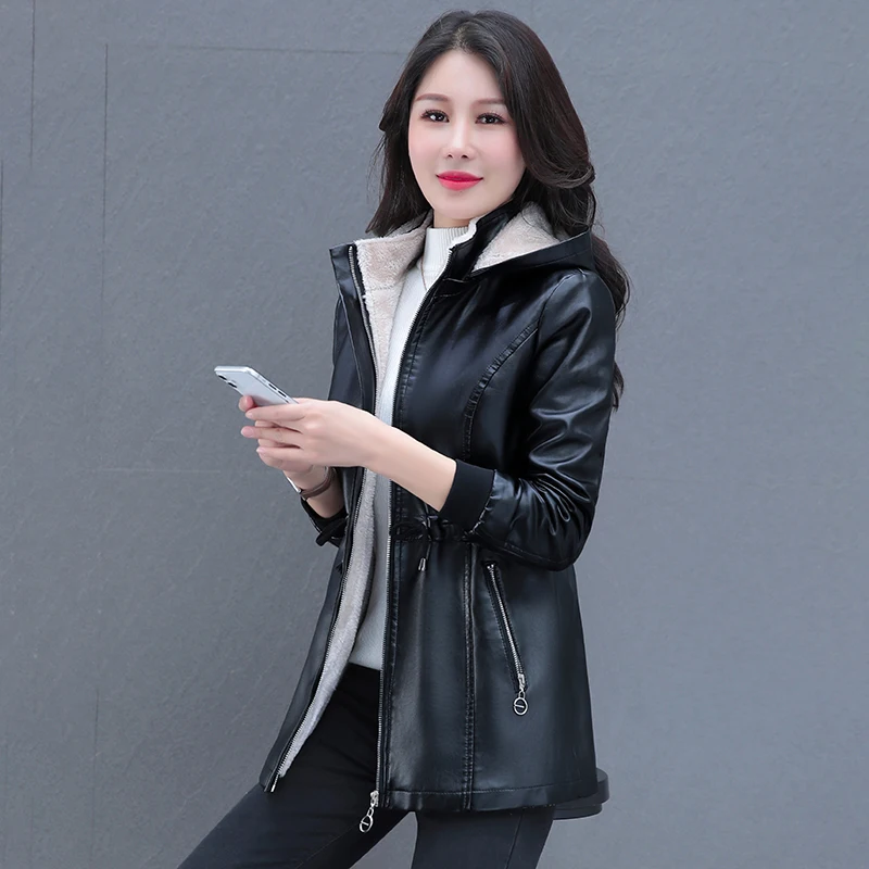 New Casual Winter Plush Women'S Pu Leather Jacket Thickened Mom'S Warm Fashionable Versatile Hooded Medium To Long Coat Female