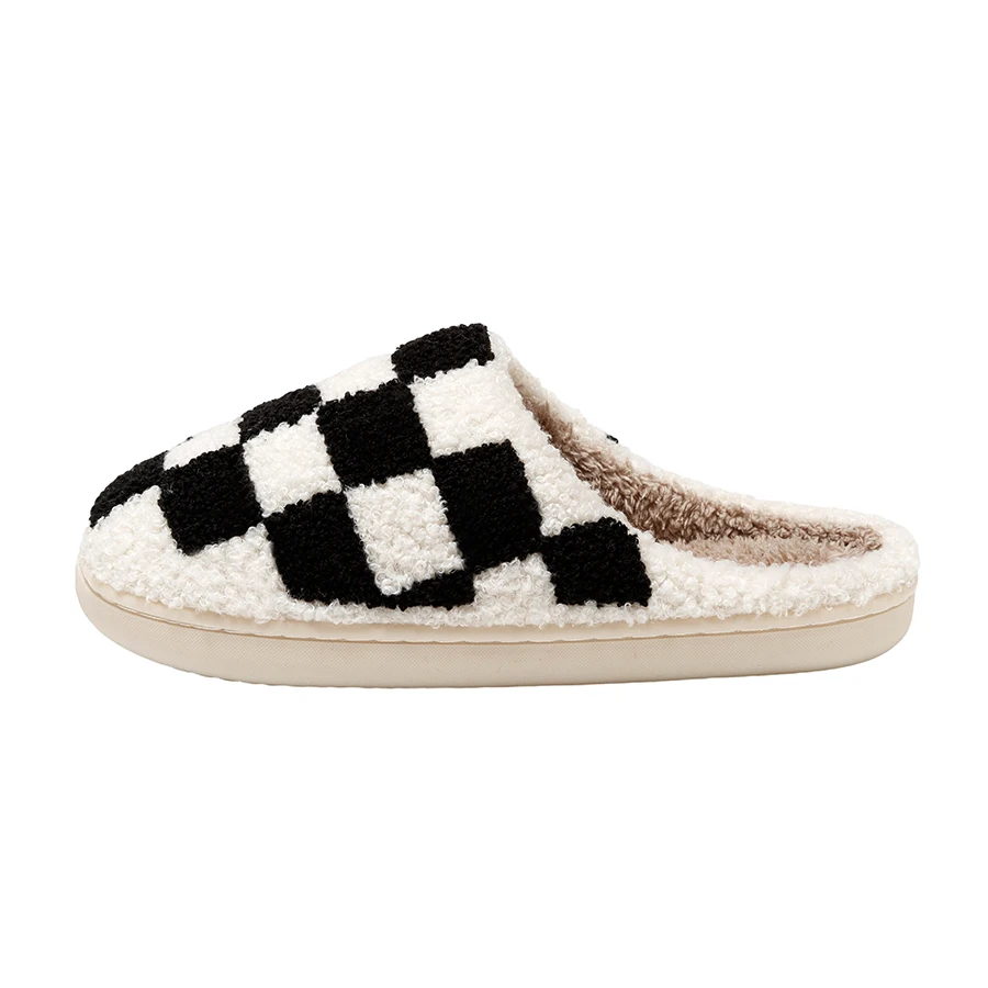 Home Fuzzy Slippers Fashion Checker Indoor Embroidery Houseshoes Cozy Woman Winter Fluffy House Retro Checkered Bedroom Shoes