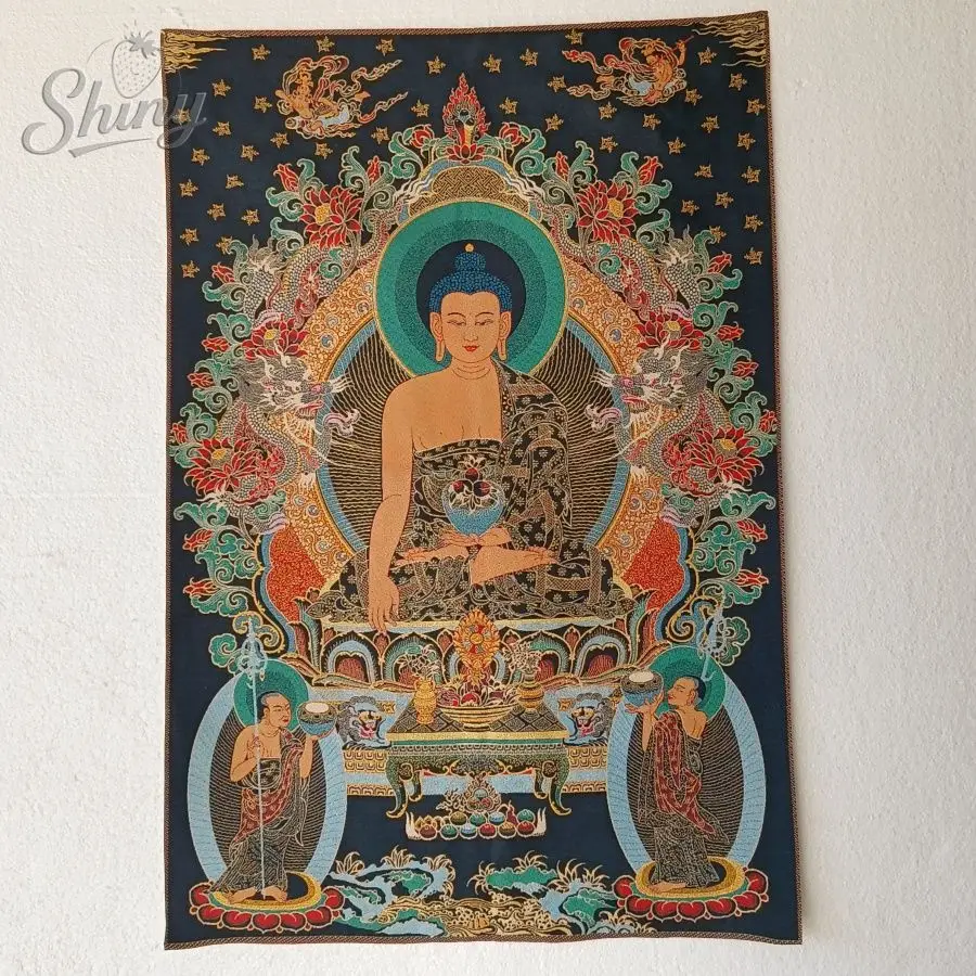 Portrait of The Medicine Buddha Brocade Tibetan Tangka Embroidery Painting Gold Thread Embroidery Decorative Hanging Pictures