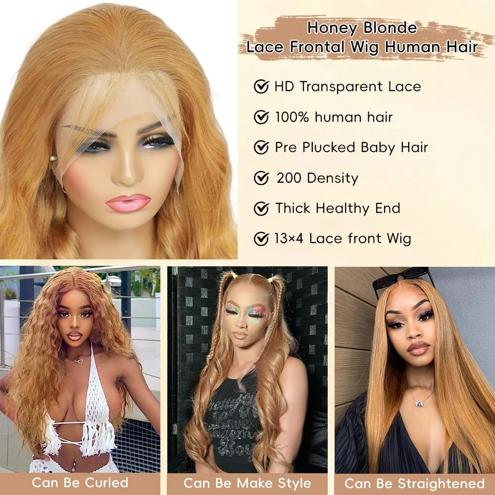 Honey pirang 13x6 HD Wig Frontal renda rambut manusia berwarna 27 # Wig rambut manusia gelombang tubuh untuk wanita 13x4 Wig renda obral cuci gudang