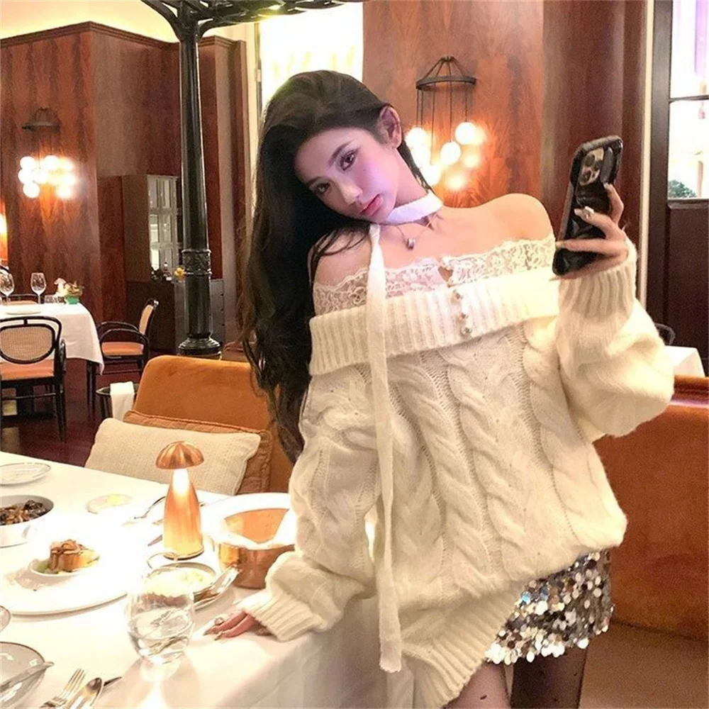 Sweter Kerah Slash Elegan Wanita Fashion Patchwork Renda Rajutan Pullover Gaya Korea Longgar Pakaian Rajut Musim Dingin Lengan Panjang Pullover