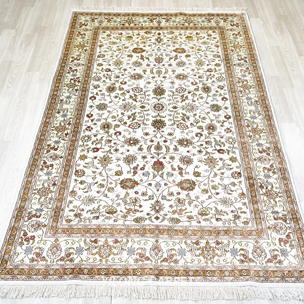 152x244cm Handmade Persian White Carpet Turkish Antique Floral Silk Rug (YJH010B)