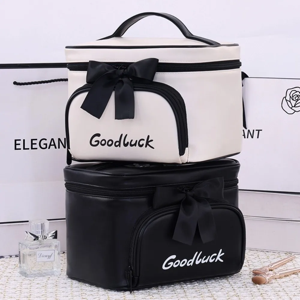 

Waterproof PU Cosmetics Storage Bag With Zipper Dust-proof Bowknot Makeup Bag Multi-Compartment Large Capacity Washing Bag