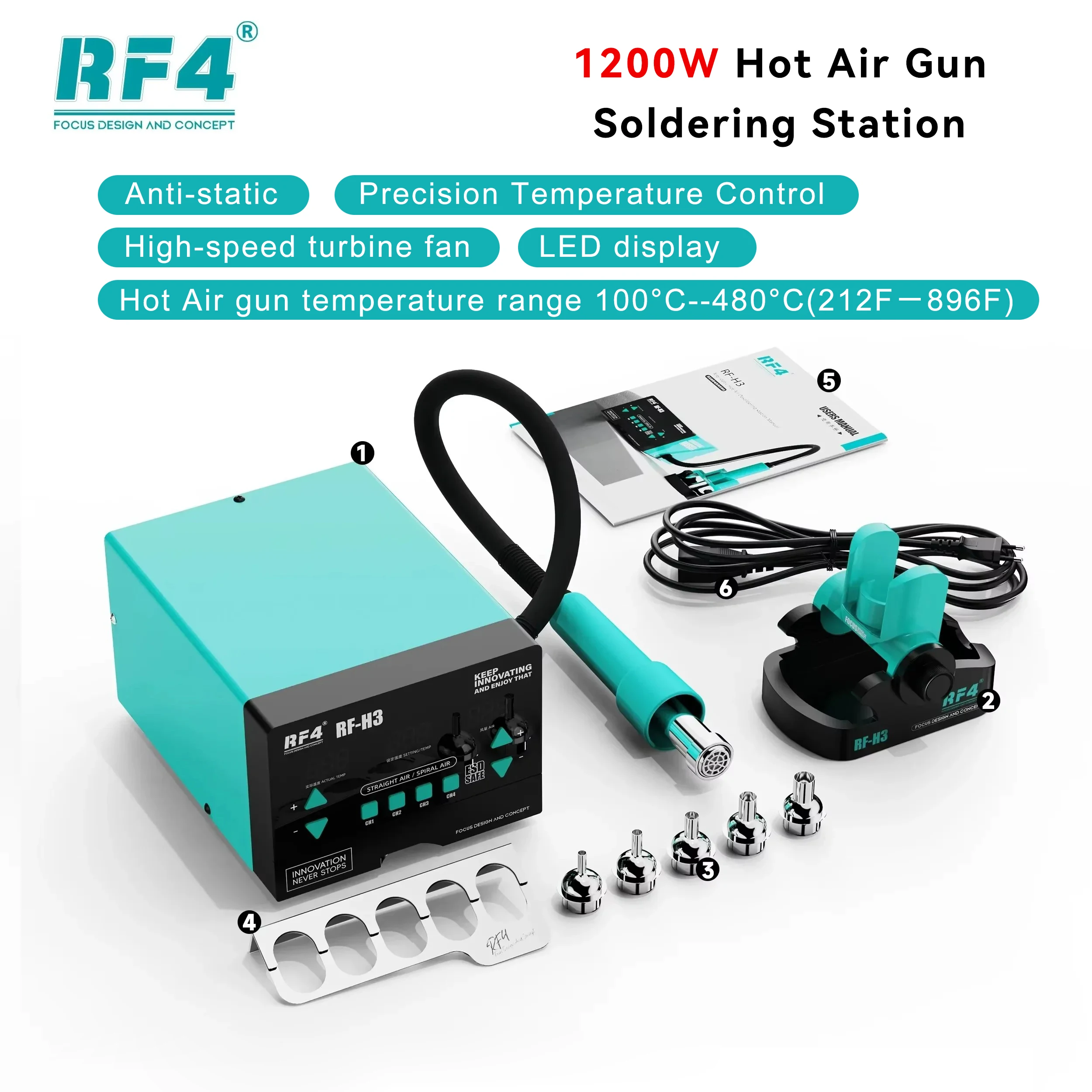 

RF4 Интеллектуальный пистолет горячего воздуха для сна Паяльная станция 4-канальная память Точный контроль температуры для ремонта распайки компонентов