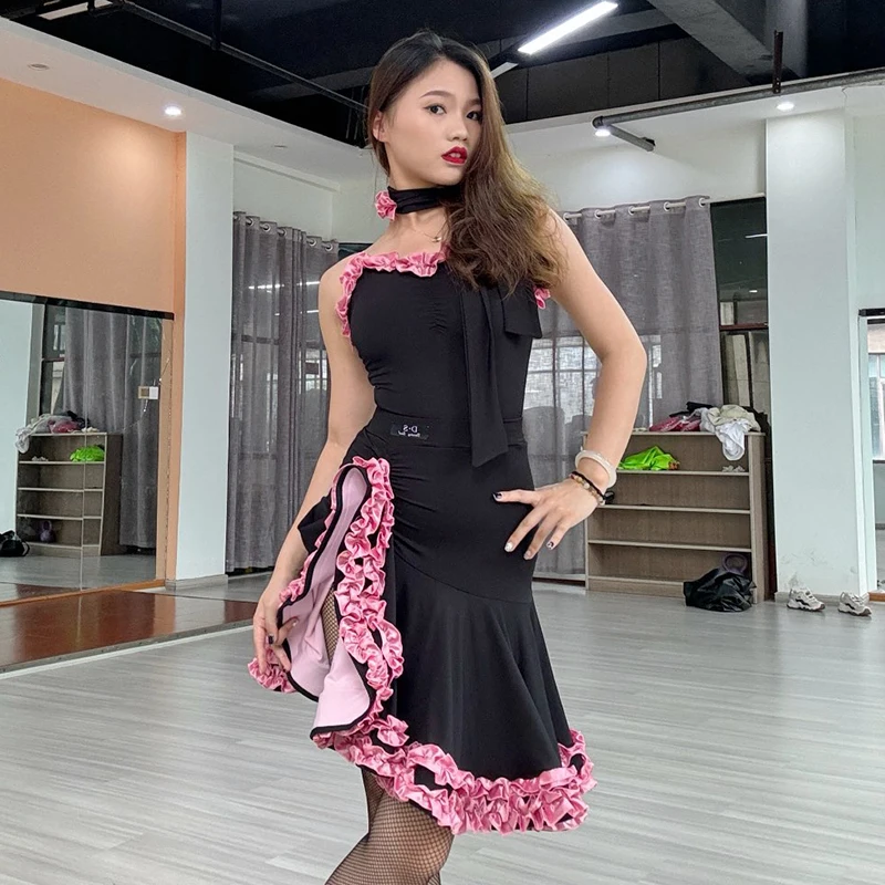 

Pink Ruffles Black Latin Dance Dress Women Performance Clothes Cha Cha Rumba Costume Latin Competition Dress Sets Adult DNV20852