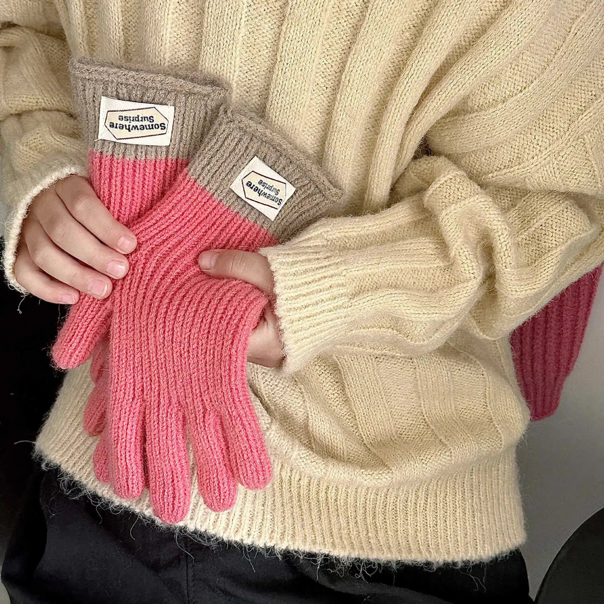 الكورية المرقعة الاطفال قفازات الشتاء الصوفية محبوك خمسة أصابع القفازات 8-16Year الأطفال قفازات شاشة اللمس صبي فتاة جهاز تدفئة محمول #3