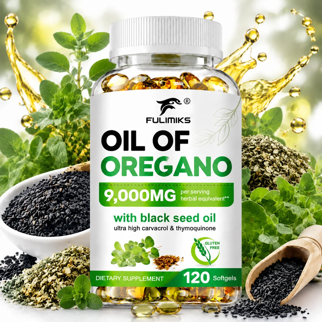 Oil of Oregano Supplement, Support Immune Digestion Health, Gut Balance, with Black Seed Oil,Carvacrol & Thymoquinone, Non-GMO