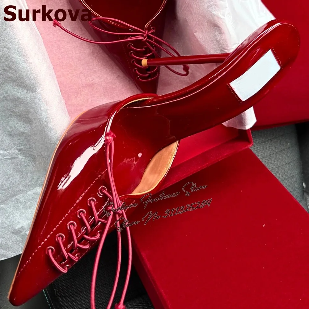 

Surkova Wine Red Shiny Pointed Toe Mules Lace-Up Slip-On Modern Slippers Cross Tied Butterfly-Knot High Heel Pumps Party Shoes