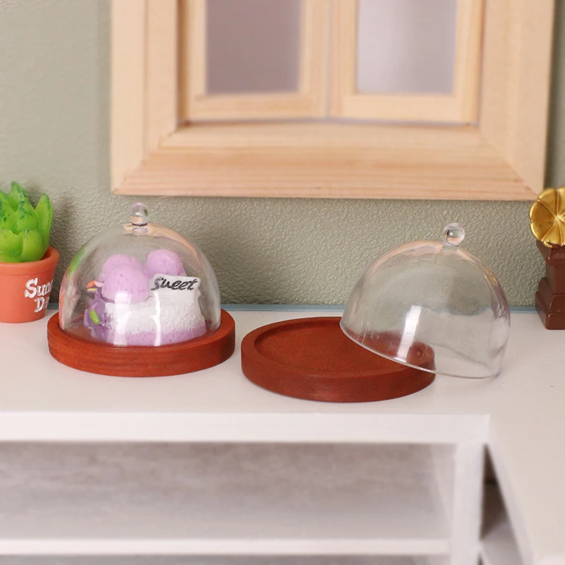 Bandeja alta transparente en miniatura para casa de muñecas, plato de postre con cubierta, bandeja de fruta para pastel, decoración de cocina, accesorios para casa de muñecas, 1:12