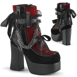 Gothic Style Chain Lace Up Bow Women Short Boots Retro Round Toe Square Heel Chunky Platform Ankle Boots Punk Ladies Party Shoes