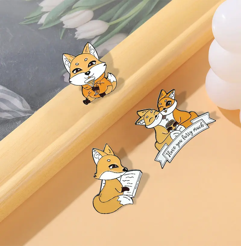 Fox Coffee Enamel Pin Custom Lover Drink Newspaper Brooches Bag Lapel Pin Cartoon Animal Badge Jewelry Gift for Kids Friends