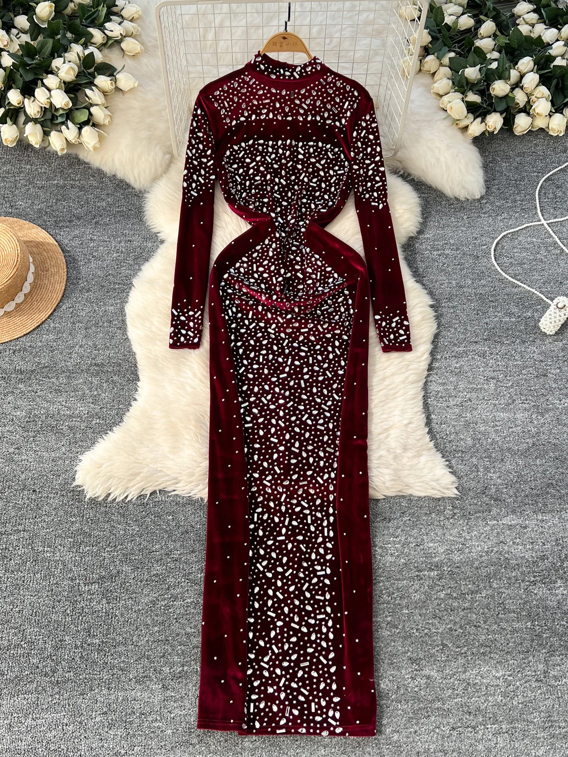 Autumn Winter Burgundy/Black Diamonds Patchwork Velvet Party Long Dress Elegant Stand Collar High Waist Slim Evening Vestido New