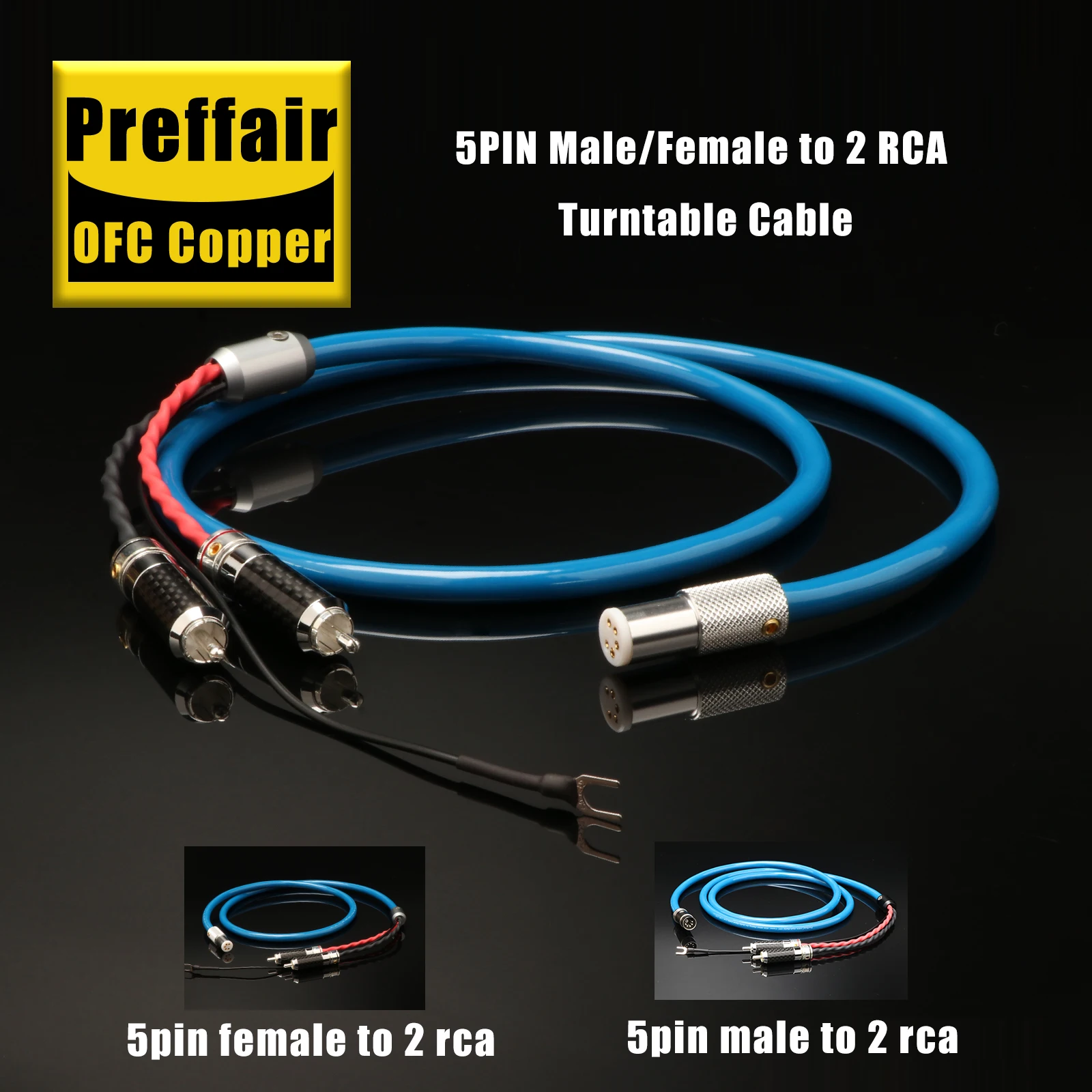 HiFi 99.999% Pure Silver-Plated 5Pin DIN to 2RCA Phono Cable with Extended Y-Ground Spade – Anti-Hum Noise Shield for Vinyl