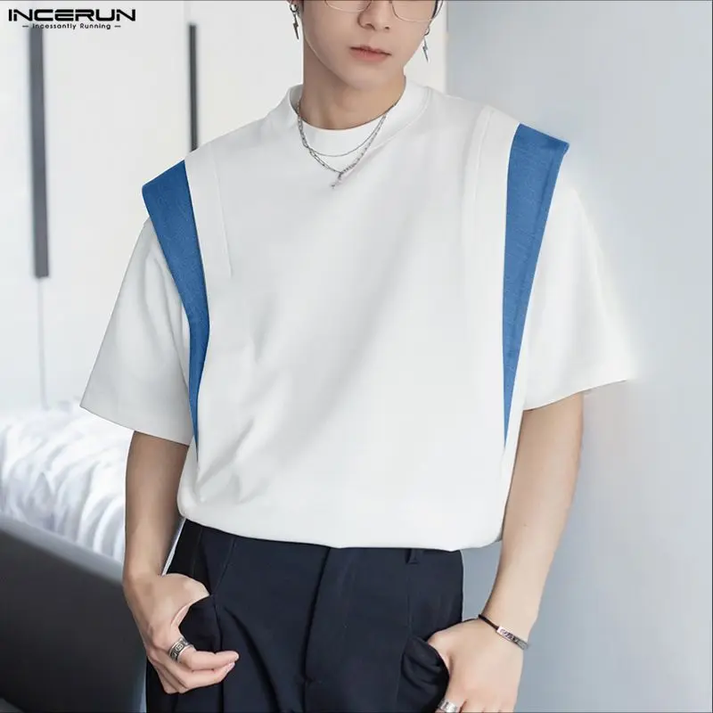 

INCERUN Мужская футболка в стиле пэчворк с круглым вырезом и коротким рукавом, свободные мужские футболки, уличная одежда в корейском стиле, модная повседневная мужская одежда, S-5XL