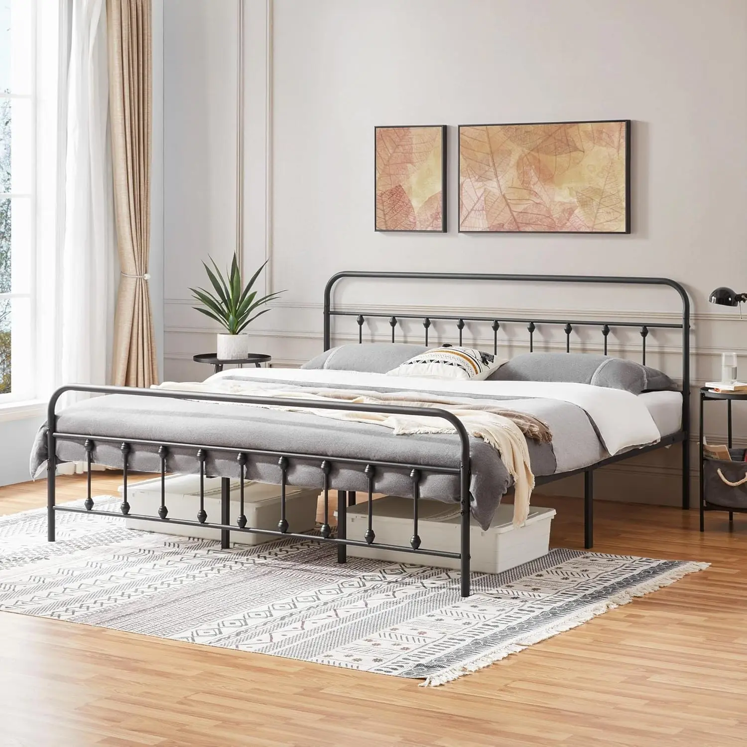 Metal Platform Bed Frame Mattress Foundation with Victorian Style Iron-Art Headboard/Footboard/Under Bed Stora