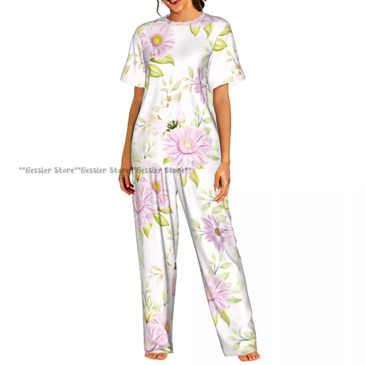 Women Pajama Sets Lounge Sleepwear Watercolor Chrysanthemum Short Sleeve Nightwear