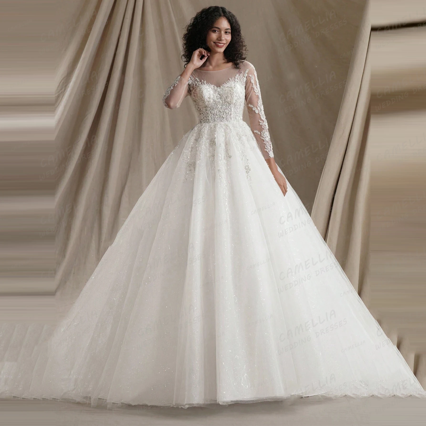 

Luxury Wedding Dresses Women's A Line Fluffy Tulle Bridal Gowns Appliques Long Sleeve Formal Elegant Vestido De Novia Customized