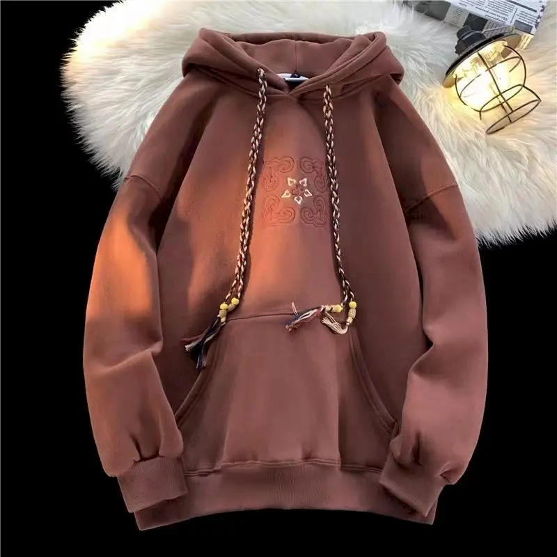 Vintage Plush Hoodies for Women Men Niche Design Hooded Sweatshirt Autumn Winter Loose Hooded Coats Colorful Drawstring Hoodie