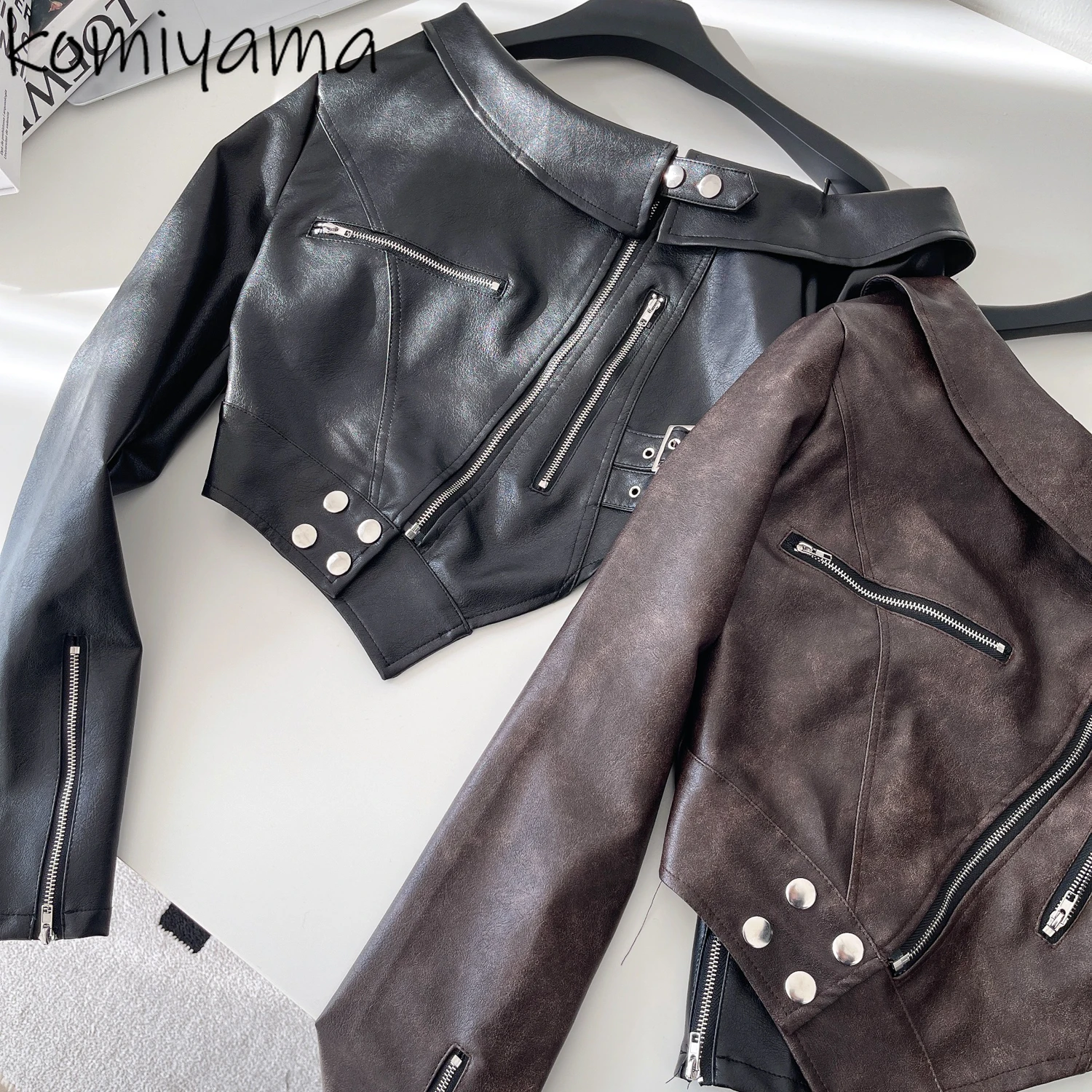 

Sexy Pu Leather 2025 Chaquetas De Mujer Spicy Girl Jacket Irregular Jackets Autumn New Outerwears Off Shoulder Woman Clothing