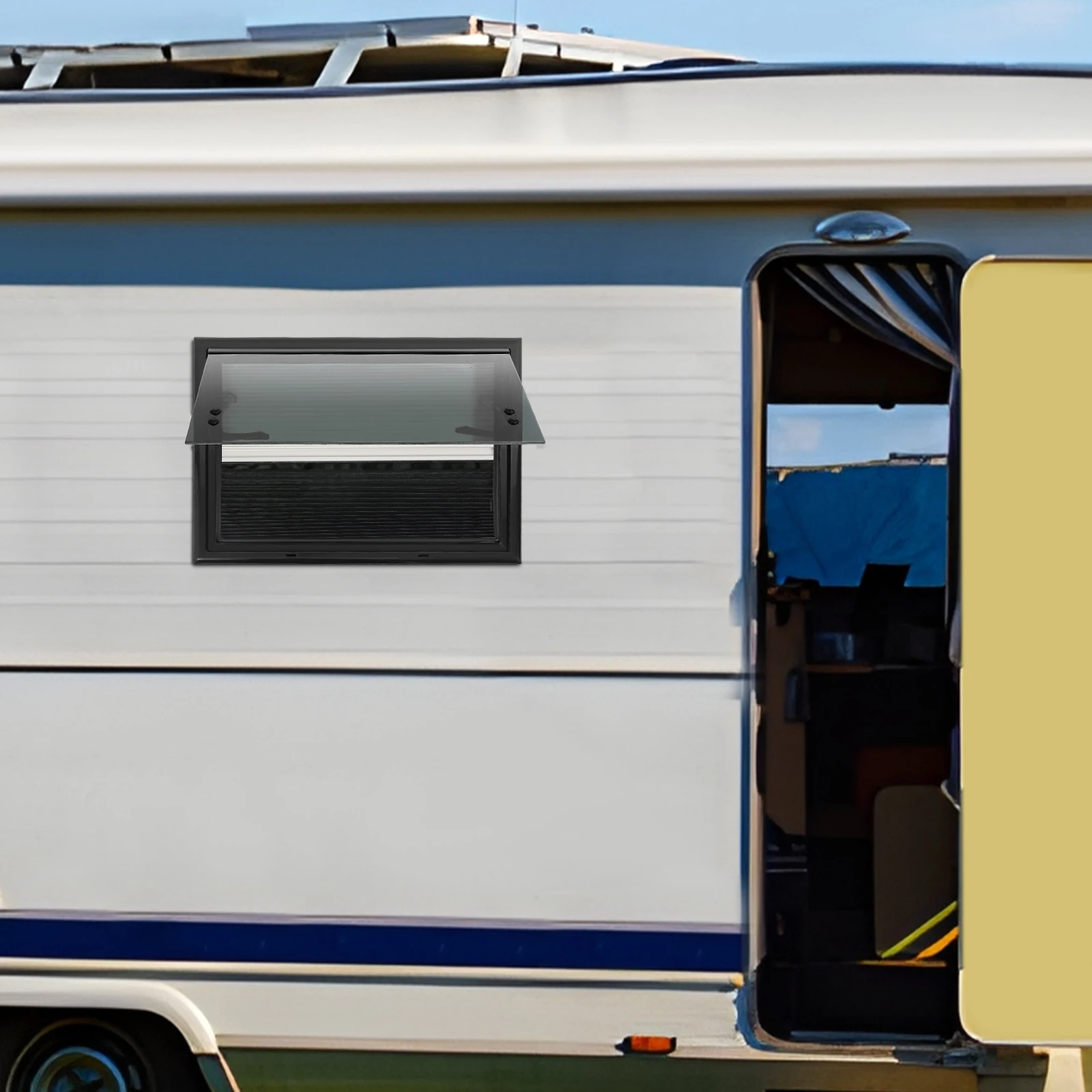 Ventana Abatible para RV con Mosquitera y Parasol, Vidrio Templado de Aleación de Aluminio, 85 °   Apertura para caravanas, autocaravanas y remolques