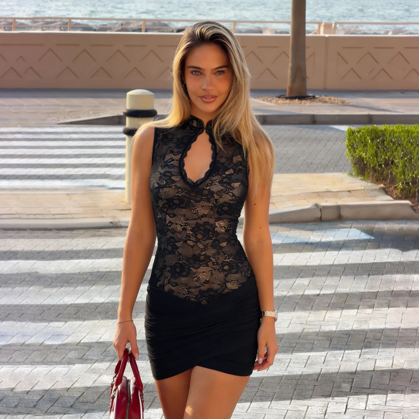 

2026 Summer Women's Sophisticated Street Style Lace Dress Teardrop Cutout Stand Collar Ruched Bodycon Mini Dress