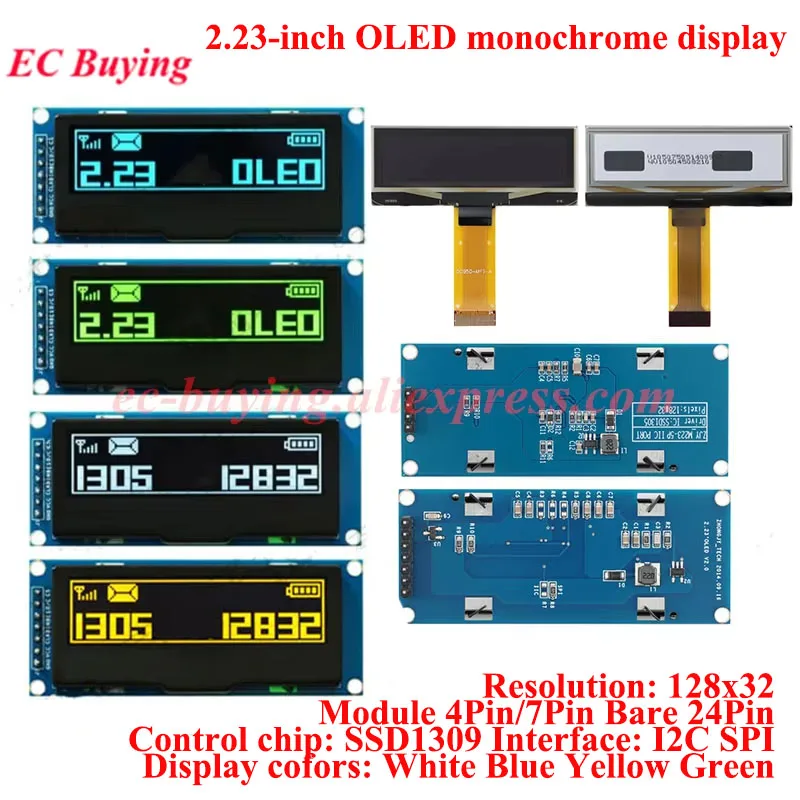 Módulo de Display OLED LCD de 2.23 Polegadas SSD1309 Drive 12832 Placa de Tela 4 Pinos 7 Pinos 24 Pinos 128x32 SPI I2C Branco Azul Amarelo Verde