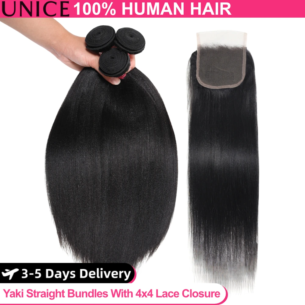 

UNICE Hair Yaki Прямые пучки человеческих волос с застежкой 2/3/4 шт. Пучки волос и 1 шт. Свободная часть 4x4 дюйма с кружевной застежкой