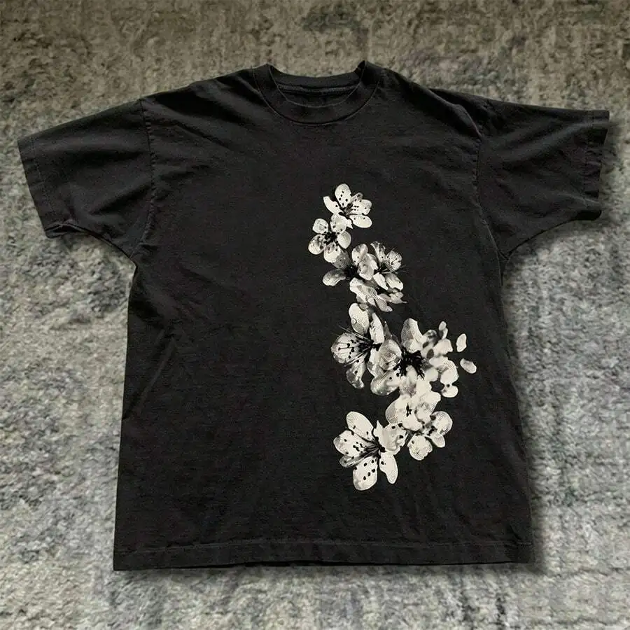 Unisex Grunge Dark Floral Casual Tops 1Pc Crew Neck Short Sleeve Vintage Vertical Falling Cherry Blossom Monochrome Art Graphic Print Tees