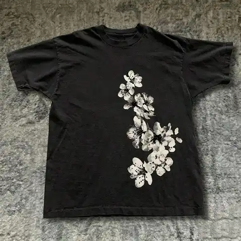 Unisex Grunge Dark Floral Casual Tops 1Pc Crew Neck Short Sleeve Vintage Vertical Falling Cherry Blossom Monochrome Art Graphic Print Tees