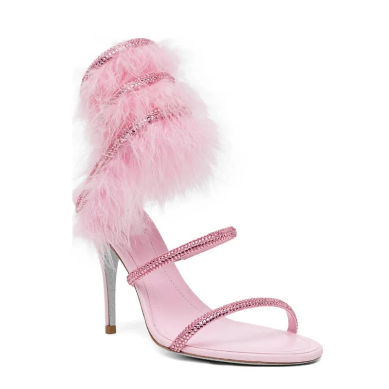 Pink fur ankle warp crystal high heels sandals black summer new in glitter snake luxury designer women's party wedding shoes view 4