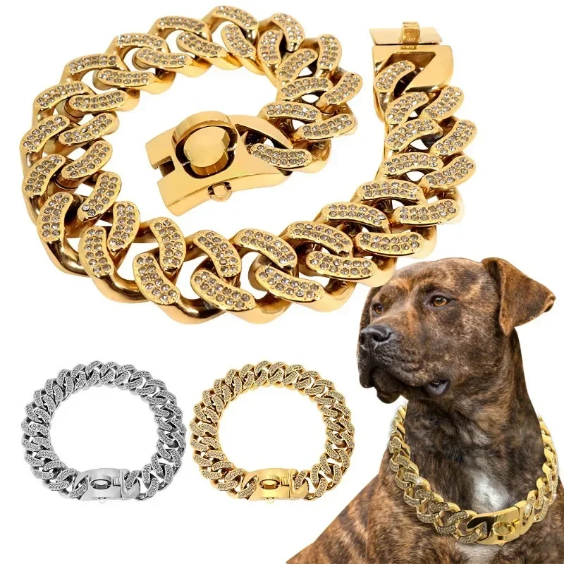 

New 32mm Dog Collar Chain Diamond Inlay Sparkle Bulldog Necklace Cat Collars Pet Accessories Small Medium Large Dogs Golden