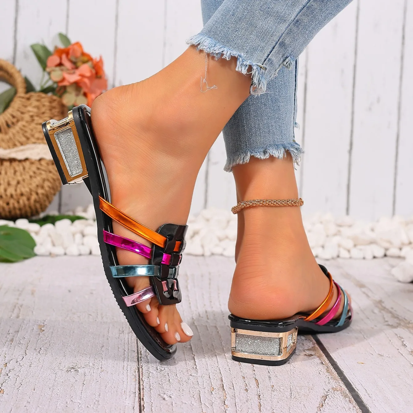 2026 New Large Size Colorful Woven Casual Flat Bottom Slipper Women Toe Exposed Fashionable All-Match High Heel_vogvips.com