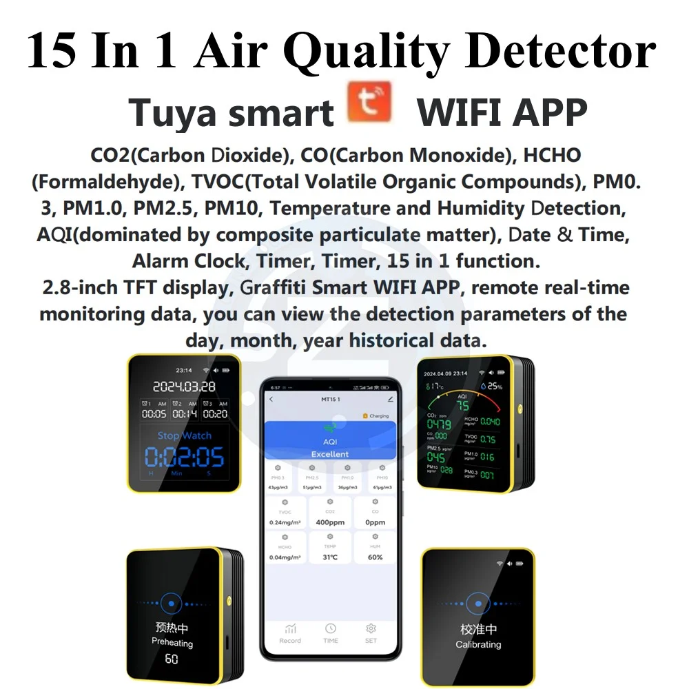 Tuya-インテリジェントwifiデジタル空気検出器,LCD充電式,CO2,co,toc,hcho,pm2.5,pm1.0,pm10,temp,ヒューマン,タイマー,15in 1