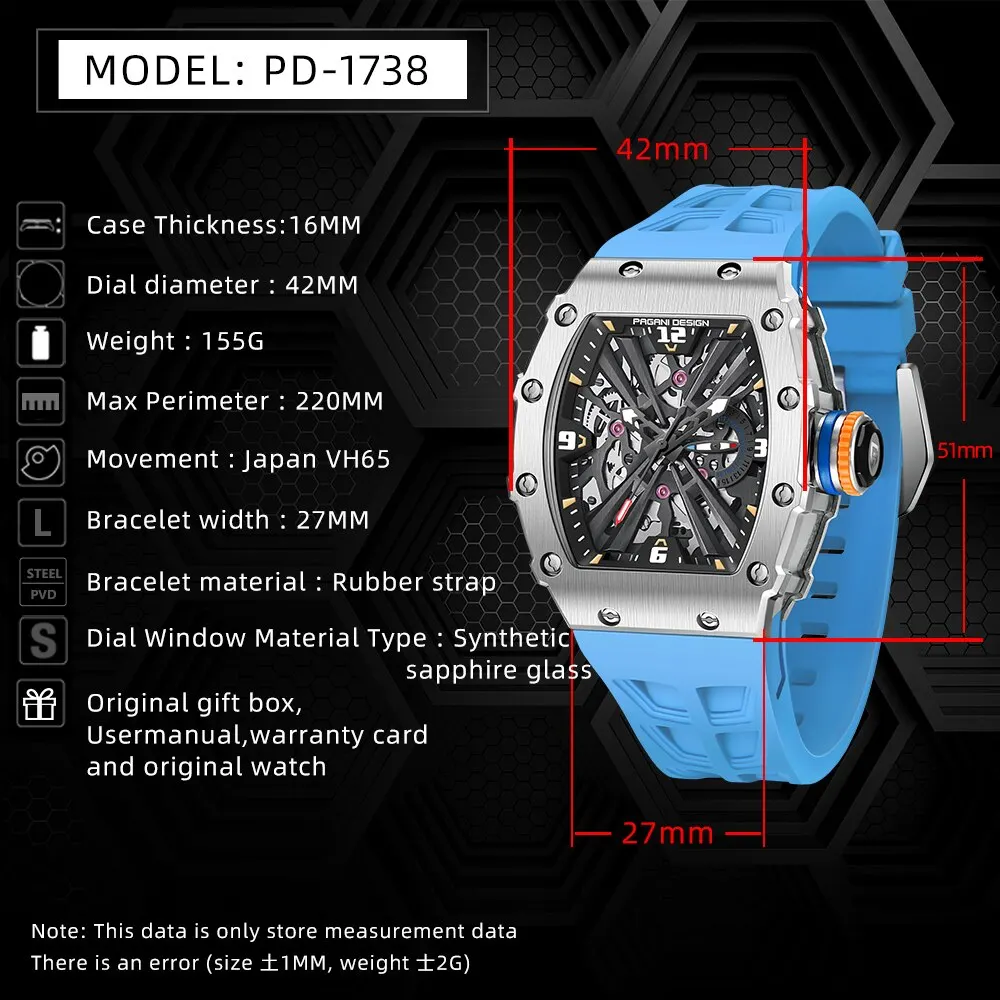 2024 New PAGANI DESIGN Men\'s Quartz Watches VH65 Movt Skeleton Dial 100M Waterproof Sport Rectangle Sapphire Glass Watch for Men