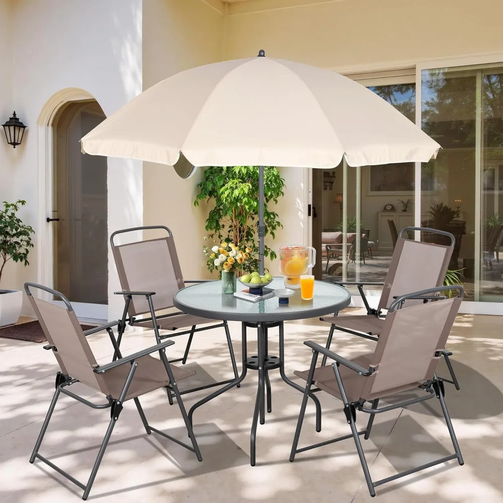 

6 Pieces Folding Patio Dining Set, All Weather Small Metal Outdoor Table and Chair Set, Garden Patio Furniture Set w/Umbrella,