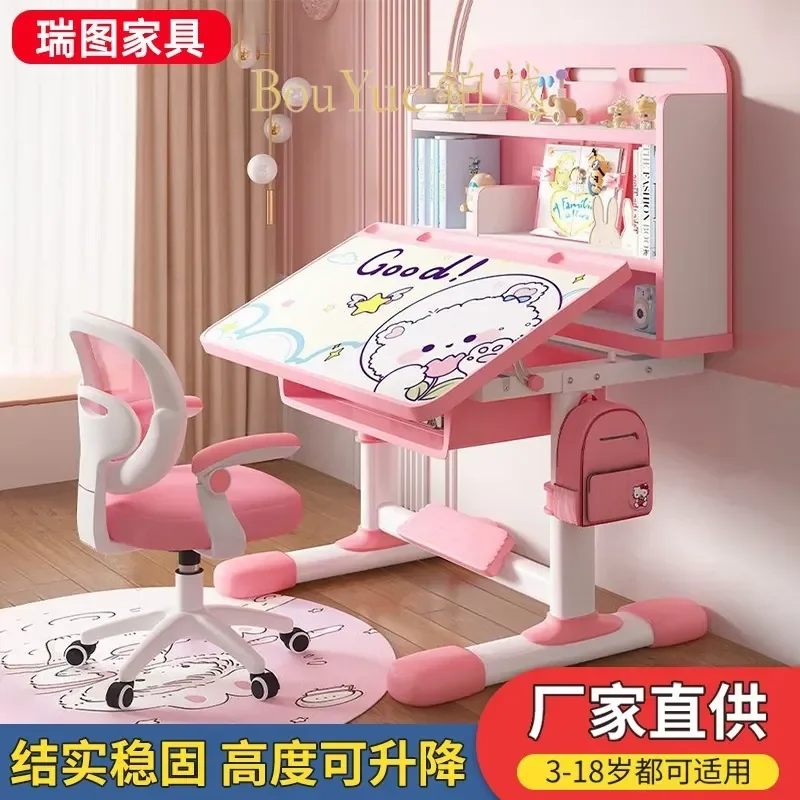 Ergonomic Kids Study Desk with Bookshelf Adjustable Height Writing Table Rotating Chair Set for Children Learning Space