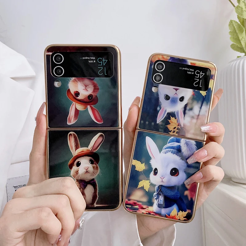 

Case For Samsung Galaxy Z Flip 4 Z Flip 3 Electroplated Glass Stained Fashion Cute Rabbit Hard Phone Case Cover