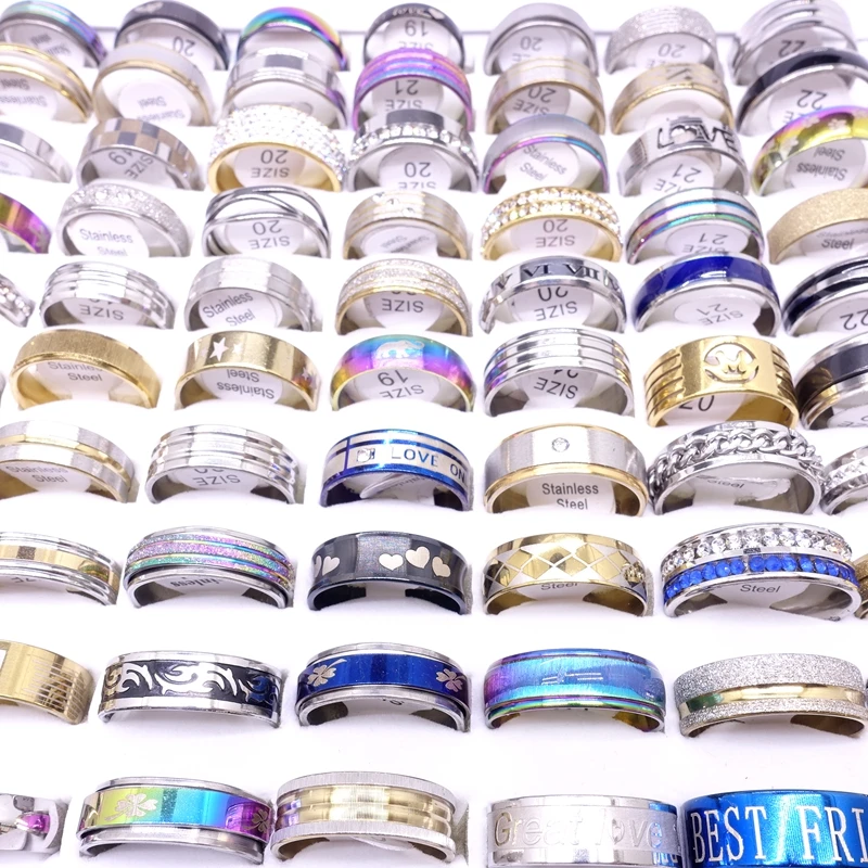 100pcs/Lot Women Stainless Steel Rings For Men Fashion Jewelry Couple Gift Wedding Bands Wholesale Lot Ring Finger Size 17-21mm