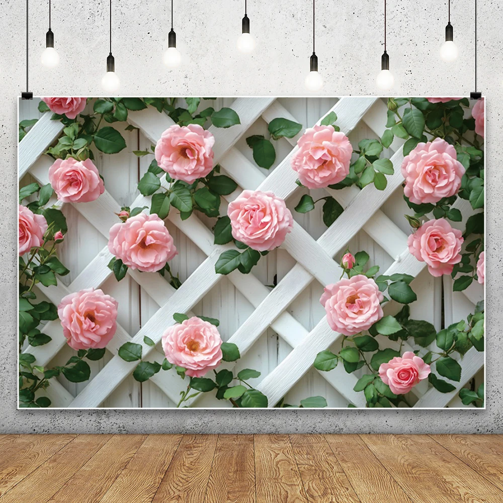 Romantic Wedding Pink Roses White Fences Photography Background Baby Shower Birthday Party Decor Backdrop Photo Studio Shoots