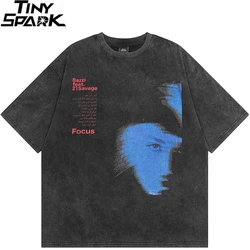 Men Streetwear Hip Hop Oversize T Shirt Blue Shadow Letter Graphic Vintage Washed Black T Shirt Harajuku Tshirt Tees Cotton