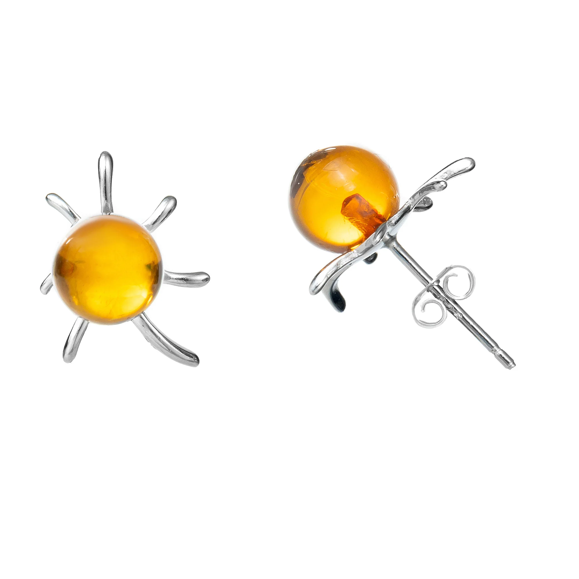 

Genuine Baltic Amber Flaming Sun Stud Ball Earrings for Women in 925 Sterling Silver, Rich Cognac Color