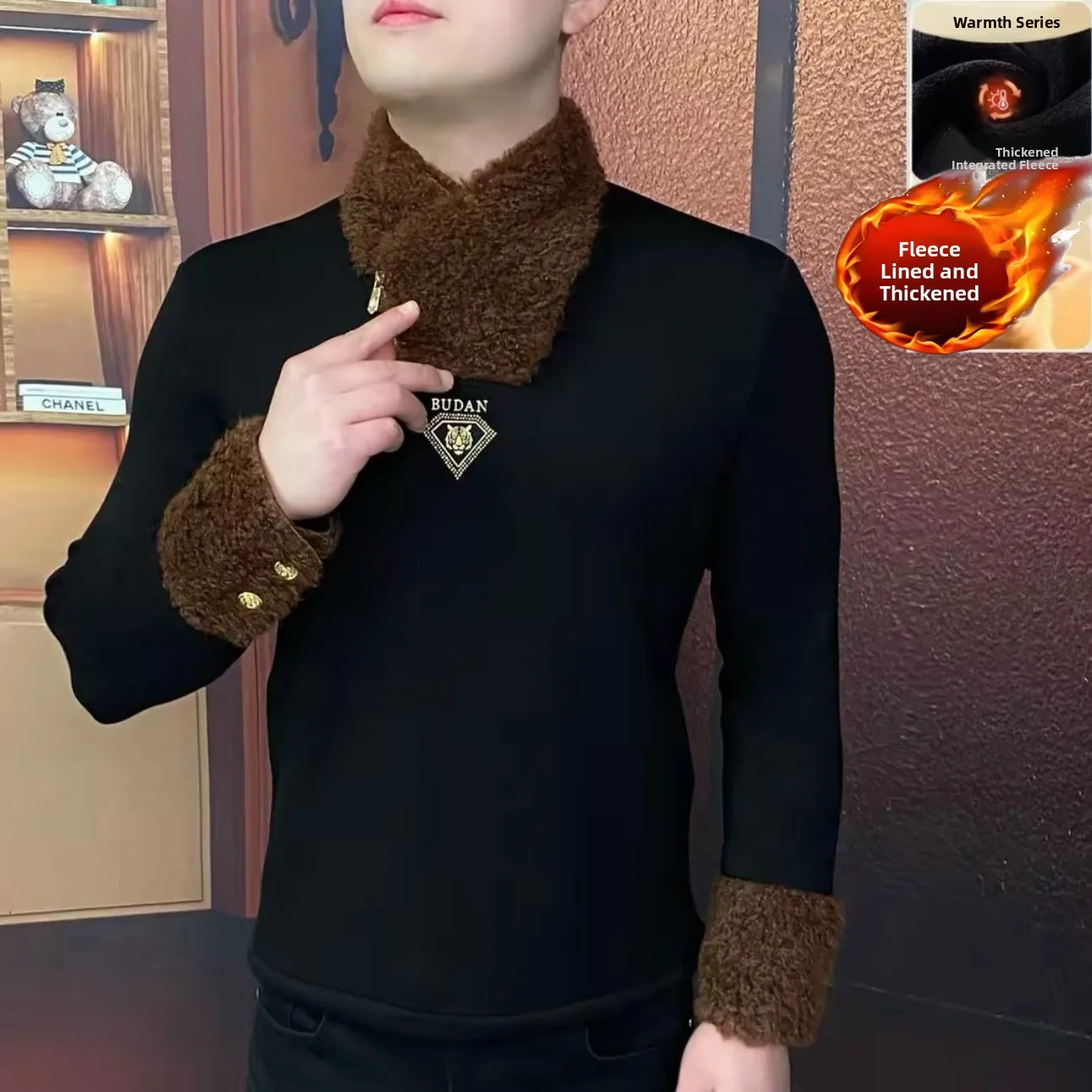 

Мужская зимняя толстовка Faion Long Sve Fce на подкладке, облегающий свитер с воротником Генри, лоскутная основа, удобный повседневный топ