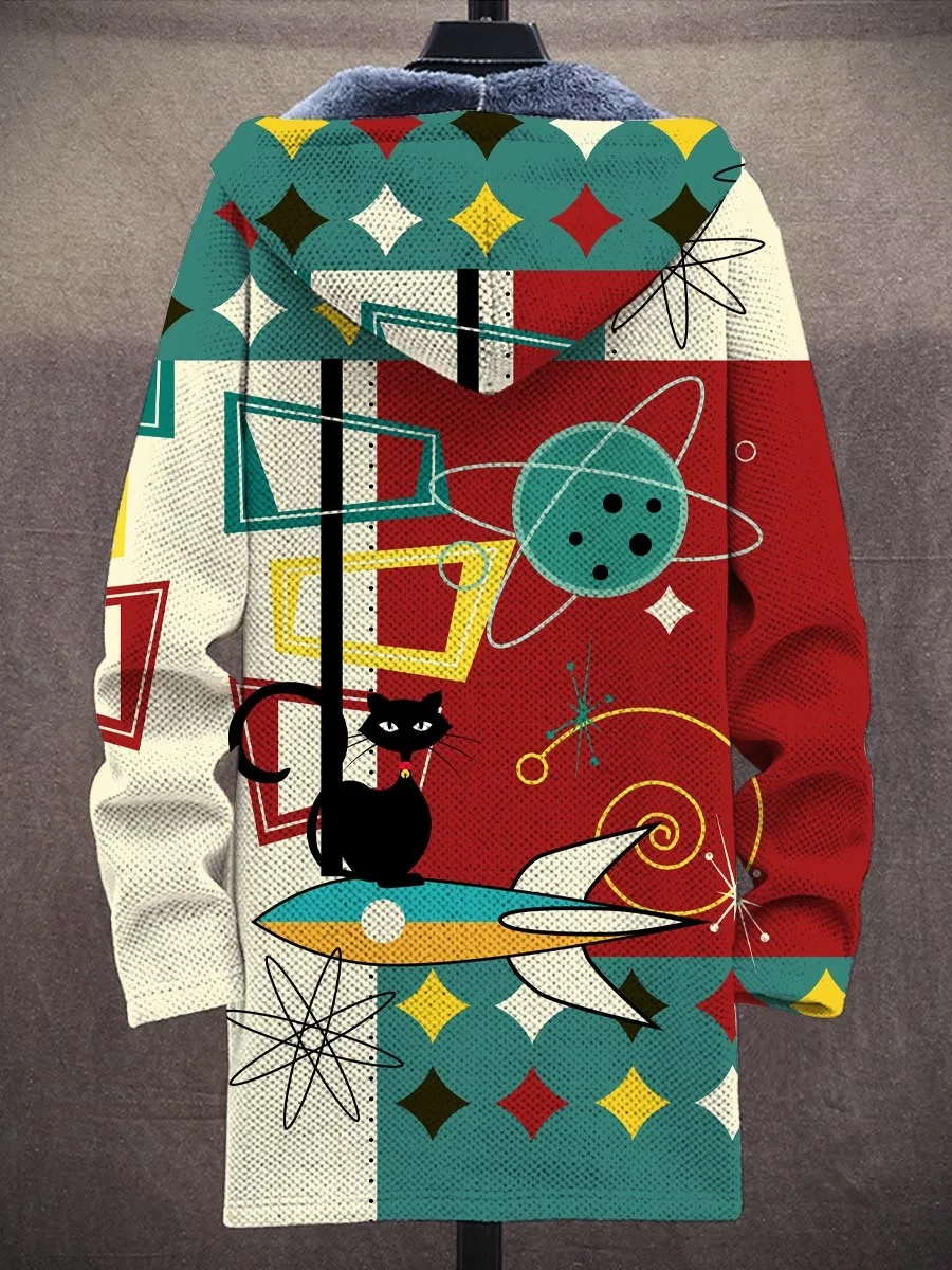 Abstract Art Cat Pattern 3D Printed Men's Plush Thick Long-Sleeved Sweater Cardigan Coat Winter Casual Warm Zipper Jacket HRD10