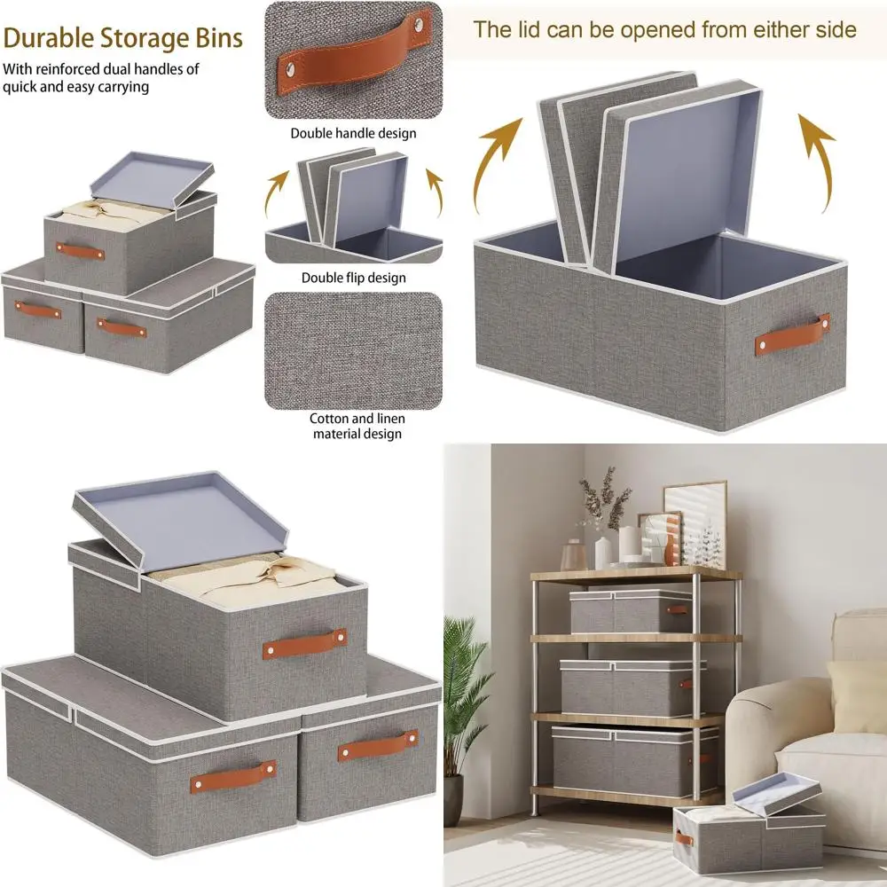 

Collapsible Grey Baskets with Lid for Linen Storage, Foldable Organizers, 16.1x9.8x6.5 inches